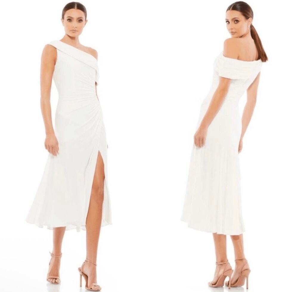 NWT Mac Duggal White Ruched Off Shoulder Midi Dress US 2 Wedding Bride Modest